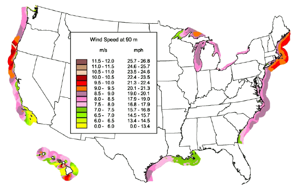 US offshore wind speeds
