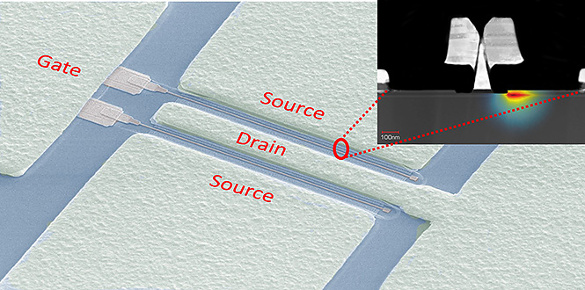 A scanning electron microscope image of an indium phosphide high electron mobility transistor