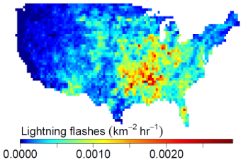 Frequency of lightning in US for 2011