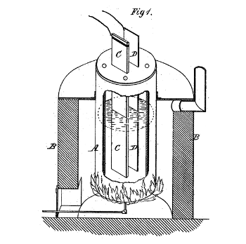 Fig. 1 of US Patent No. 400,664, 'Process of reducing aluminium from its fluoride salts by electrolysis,' by Charles M. Hall (April 2, 1889)