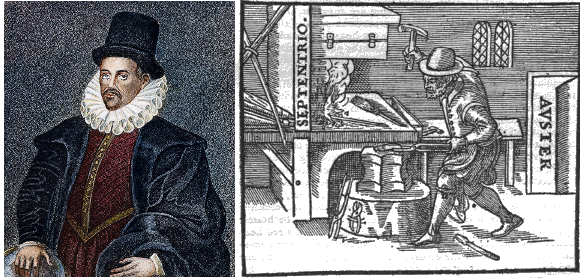 Portrait of William Gilbert and a woodcut from Gilbert's De Magnete