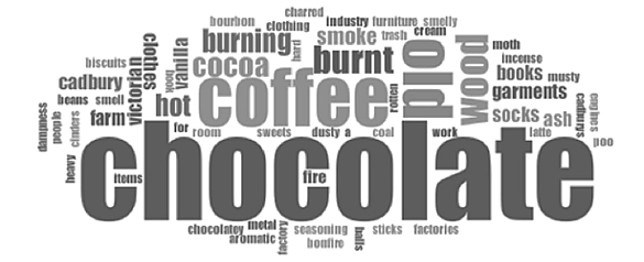 Word cloud of terms used to describe an old book.