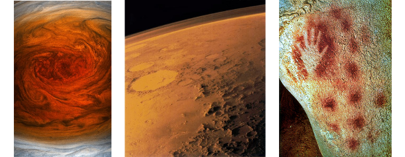 Jupiter's Great Red Spot, the planet Mars, and an image from the Pech Merle cave