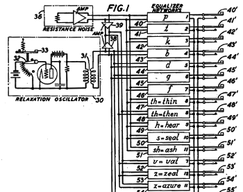 Portion of fig. 1 of US Patent No. 2,194,298, 'System for the artificial production of vocal or other sounds,' by Homer W. Dudley, March 19, 1940.
