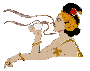 Portion of a poster of a woman holding hot coffee (Henri Meunier, 1897).