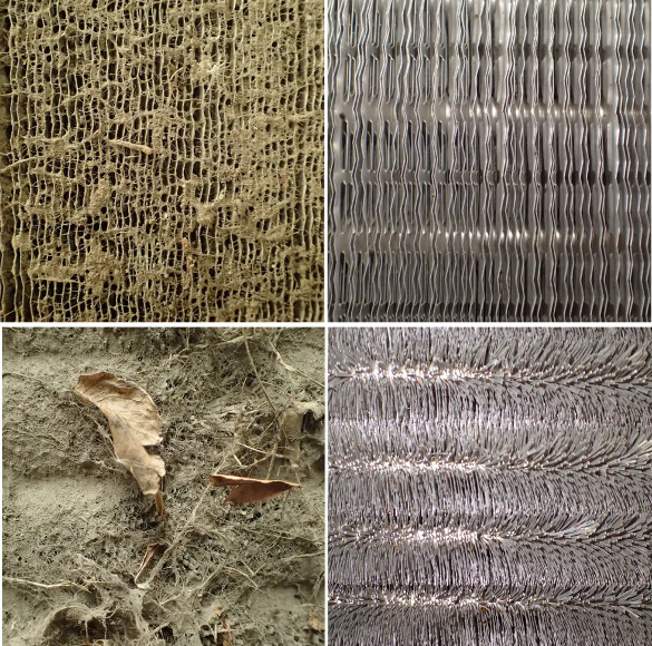 Residential air conditioning condenser heat exchanger fins, dirty and clean