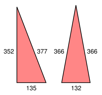 A right triangle and an isosceles triangle with the same perimeter and area