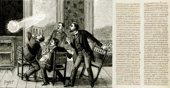 Engraving depicting ball lightning, and a portion of the Chronicle of Gervase of Canterbury which describes a ball lightning event.
