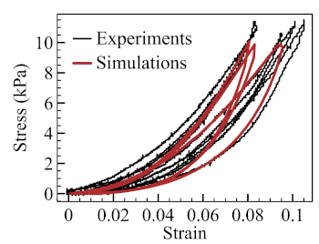 Experimental stress-strain curves and simulated response.