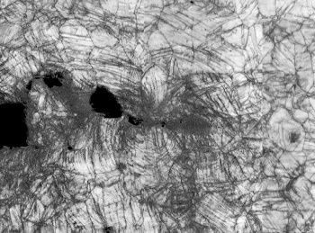 Microscope image of fracture in the CrCoNi alloy at 20 kelvin.