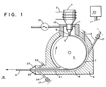 Fig. 1 of US patent no. 4,592,411, 'Method of and apparatus for continuously casting metal filament in a vacuum,' by John R. Bedell and Howard H. Liebermann, June 3, 1986.