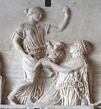 Gaia entrusts Erichthonius. the child of Hephaestus and Gaia the Earth goddess. to Athena (Marble relief)