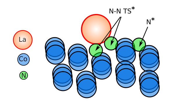Lanthanum promotor on a cobalt surface for catalytic splitting of nitrogen.