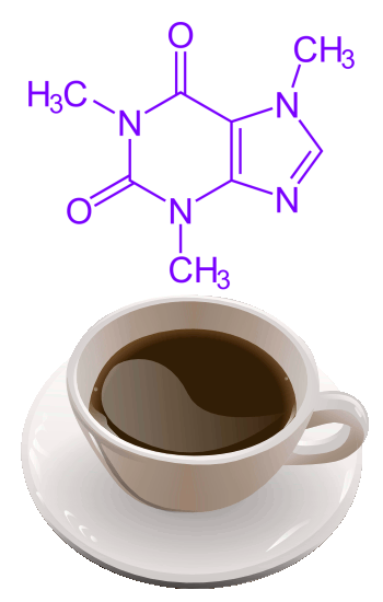 A cup of coffee with the caffeine structural diagram